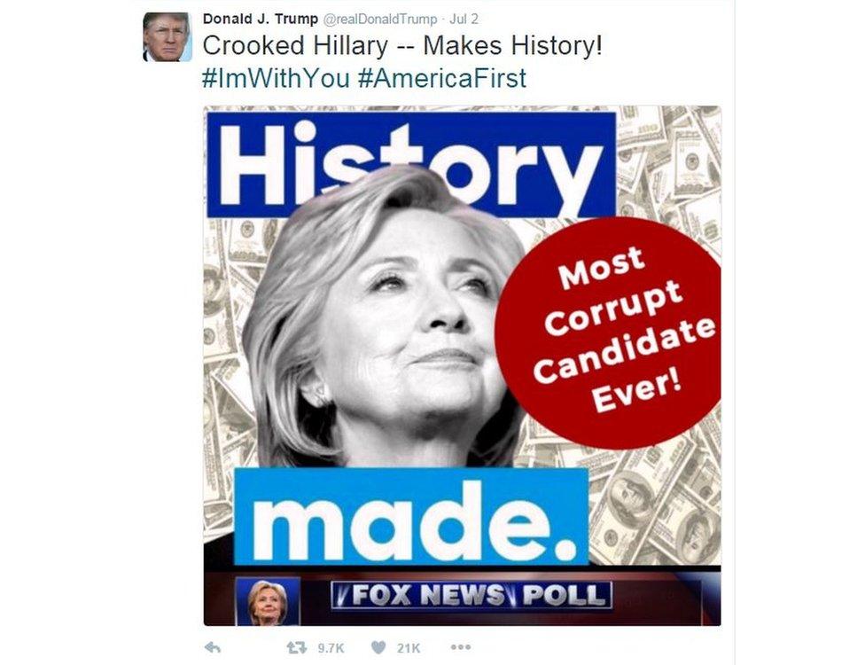 Tweet from Donald Trump with picture of Hillary Clinton and $100 bills as background and the message "Most corrupt candidate ever"