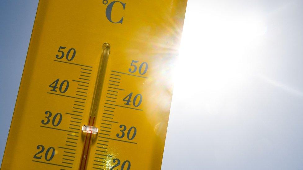 A thermometer is seen in the sun during the heatwave in Rennes, France