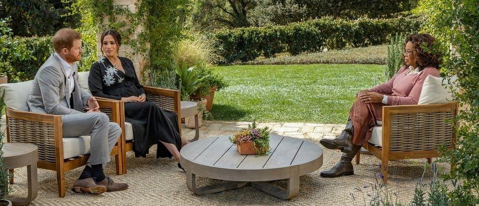 Prince Harry and Meghan, Duchess of Sussex, being interviewed by Oprah Winfrey