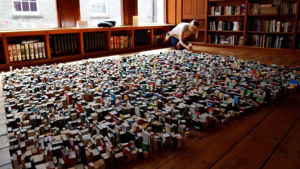 Tiny books in the book shop at the Hay Festival, on May 29, 2016