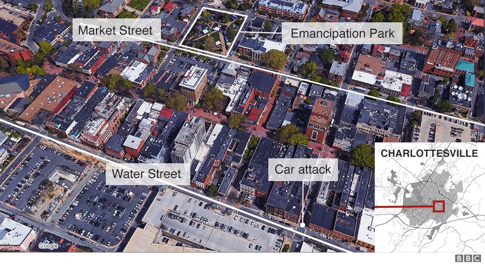 Map of events in Charlottesville on 12 AUgust 2017