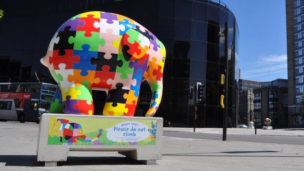 Elmer sculpture painted like a jigsaw in Ipswich