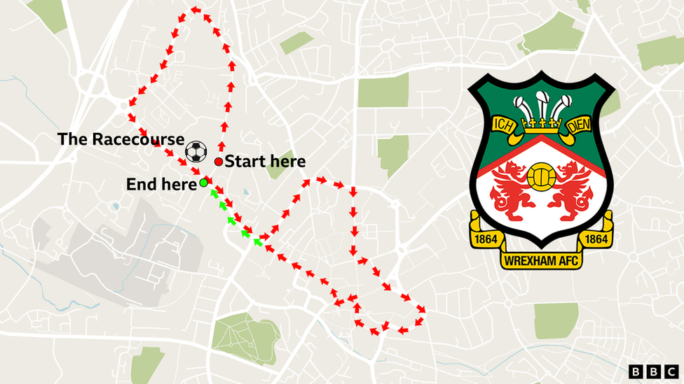 A map showing Wrexham's victory parade route