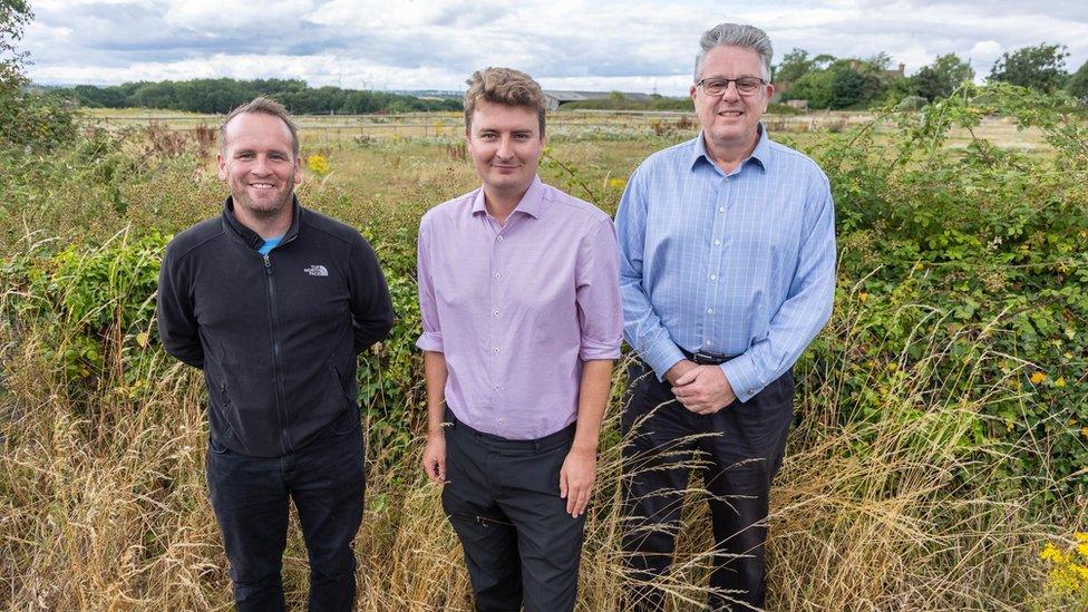 Cllr Ben Burton, Tom Howell and Tim Niblett at Frampton End farm