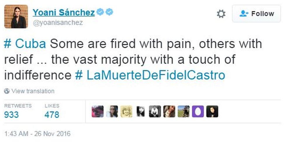 On Twitter, Cuban Yoani Sanchez acknowledged the mixed emotions on the island