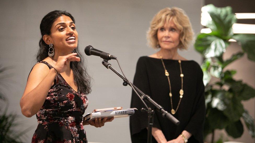 Saru Jayaraman and Jane Fonda attend benefit in support of workers' rights in 2018