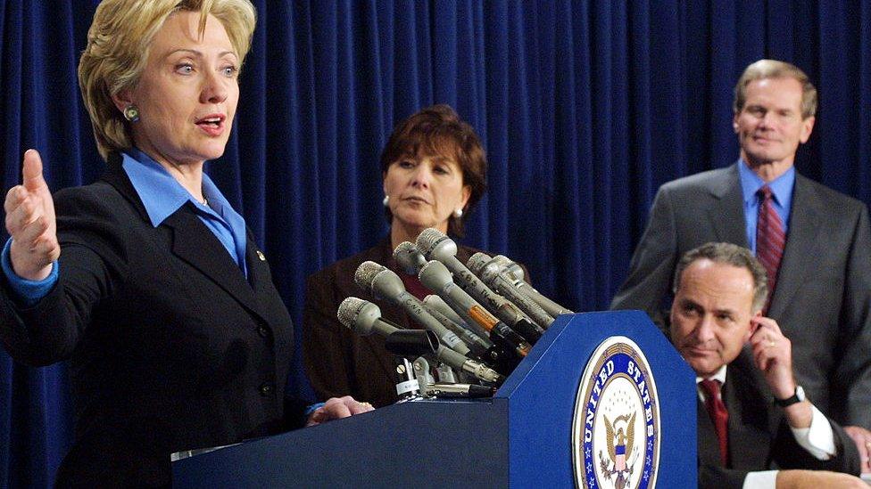 Sen. Hillary Rodham Clinton (D-NY), speaks as Sen. Barbara Boxer (D-CA), Sen. Charles Schumer (D-NY), front, and Sen. Bill Nelson (D-FL), back, look on during a news conference