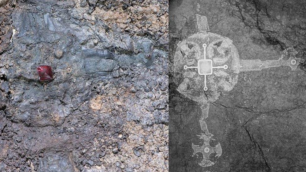 Left of picture shows cross as discovered in the ground. The right shows a clear X-ray image of the cross.