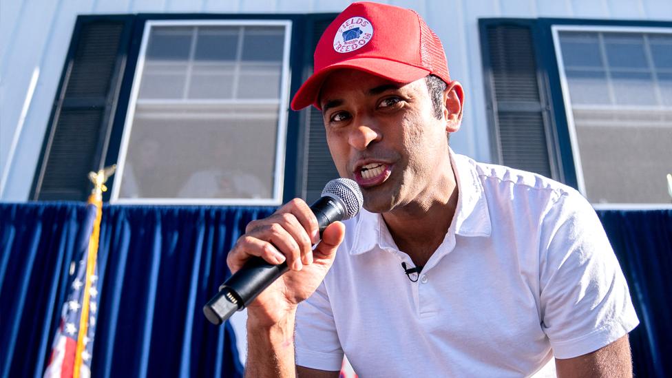 Mr Ramaswamy seen rapping at the Iowa State Fair