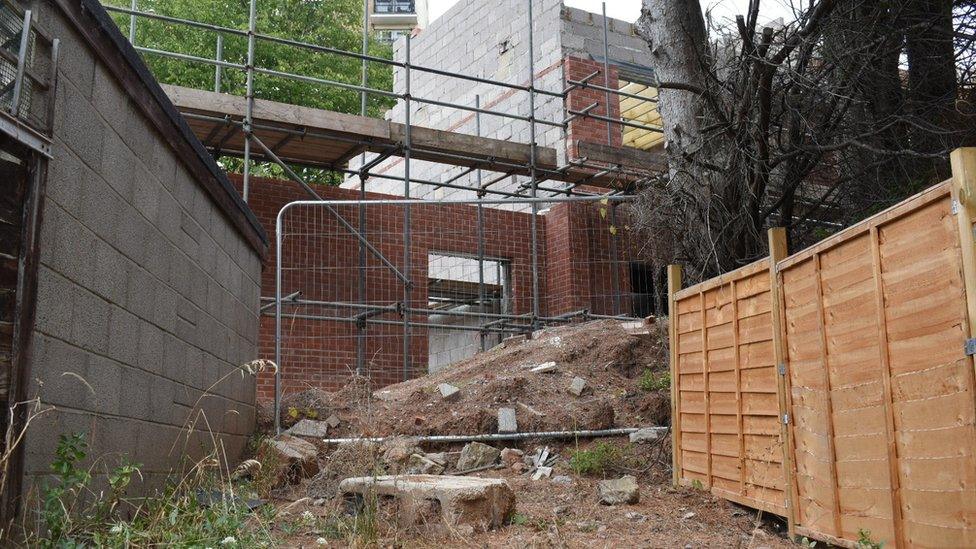 A mound of earth piled up against trees in the back garden of a house on Mascot Road