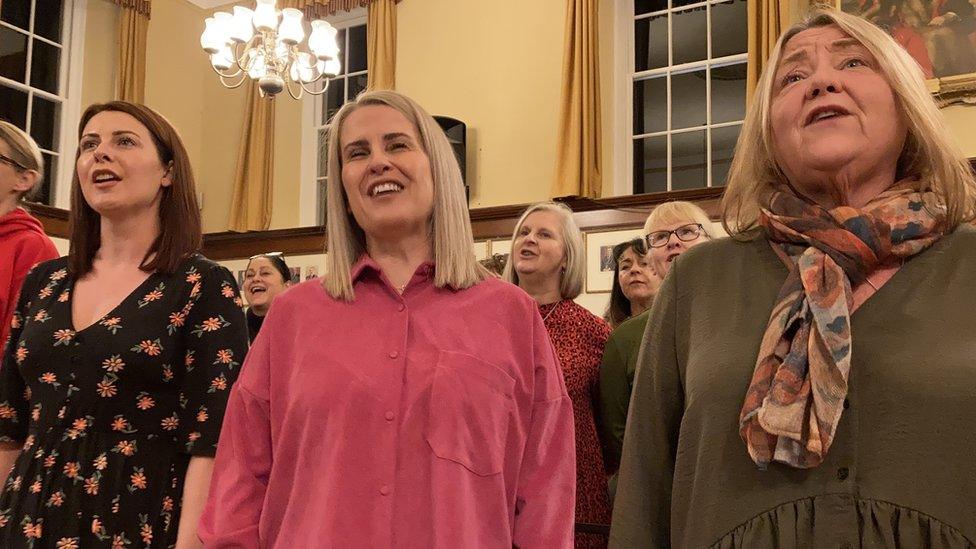 Members of Valley Rock Voices in full swing at Neath Town Hall rehearsals