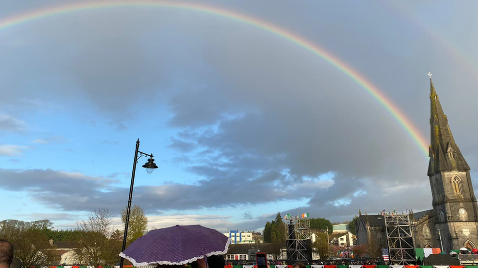 A double rainbow formed in the sky prior to the US President's arrival in Ballina