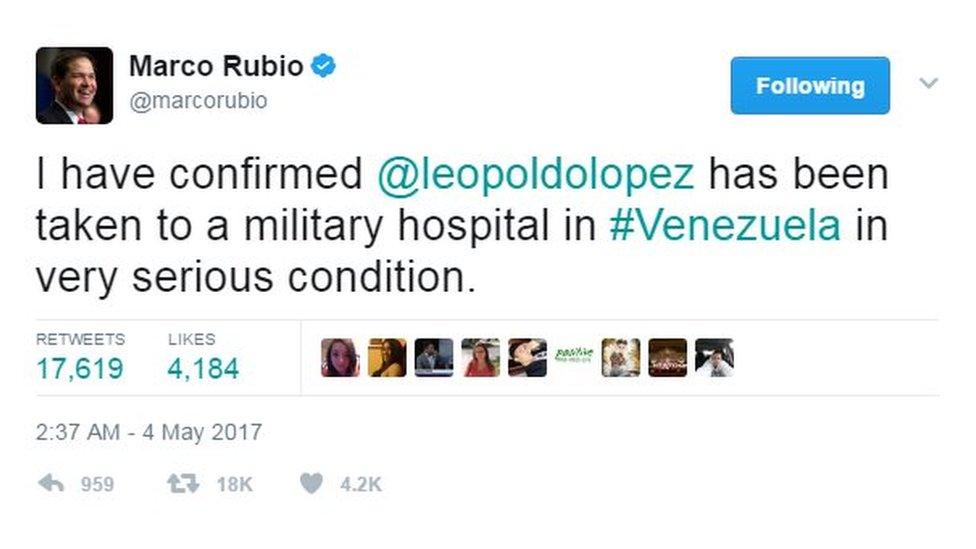 A tweet by Marco Rubio reading: I have confirmed @leopoldolopez has been taken to a military hospital in #Venezuela in very serious condition."