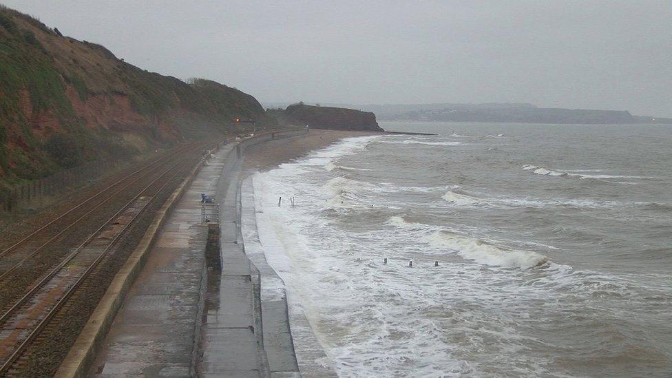 Waves breaking onto Dawlish sea wall