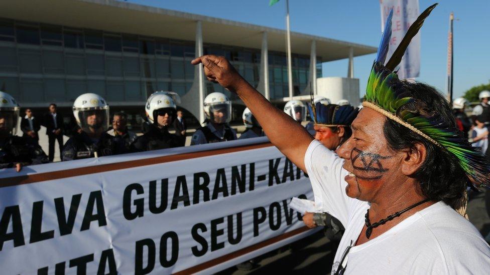 A Guarani leader denounces the murder of indigenous leader Simao Vilhalva during a protest in front of the Planalto Presidential Palace, in Brasilia, Brazil, 1 September 2015.