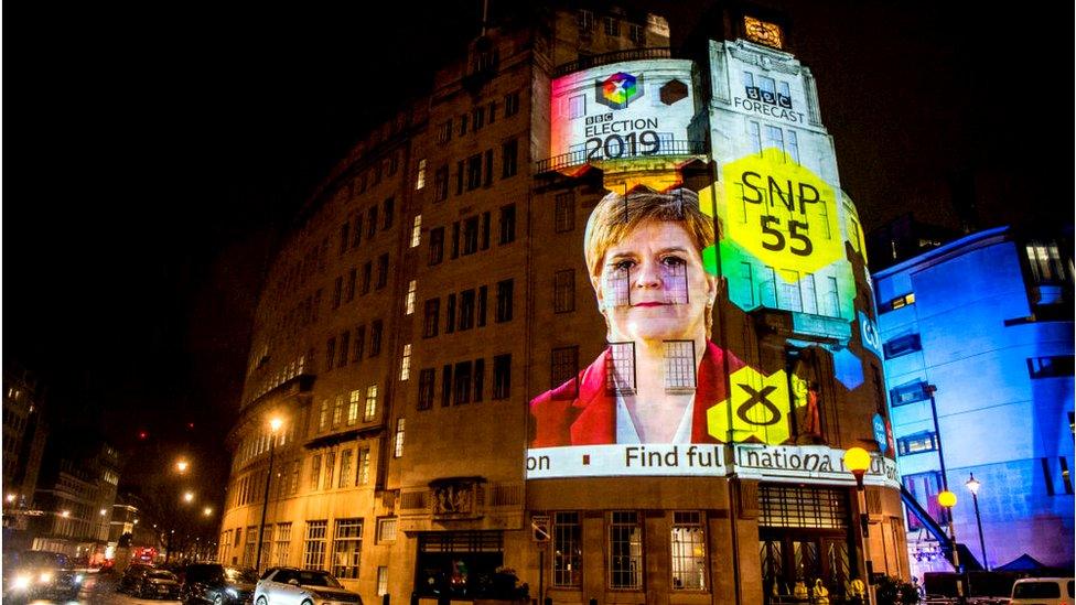 Exit poll results projected on to Broadcasting House