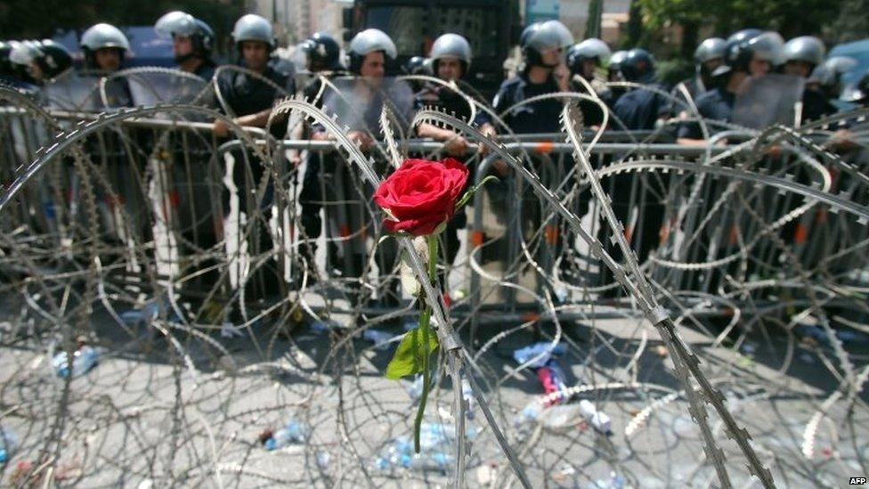 A rose is seen placed by Lebanese protesters on a barbed wire fence during a demonstrations on Sunday (23 August 2015)