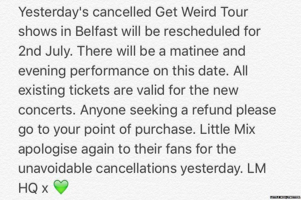 Little Mix tweeted this update for fans with Belfast tickets