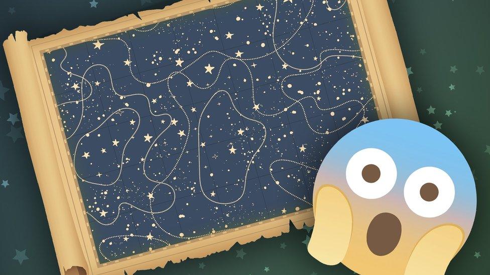 illustration shows a shocked emoji over a map of stars