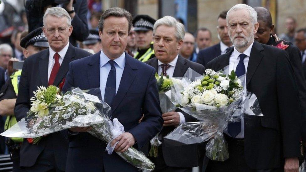 David Cameron, Jeremy Corbyn, Hilary Benn and Commons Speaker John Bercow in Birstall