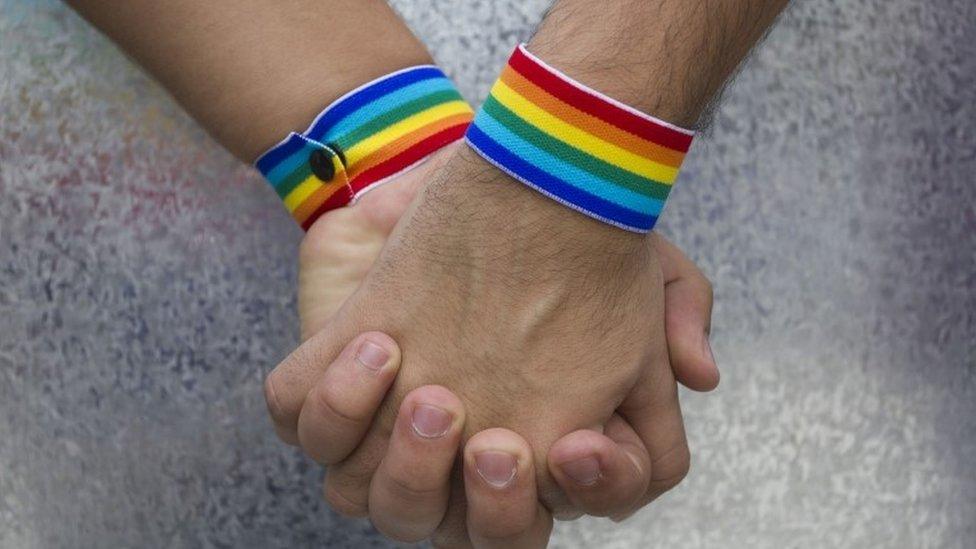 Two hands together celebrating the Gay Pride Parade