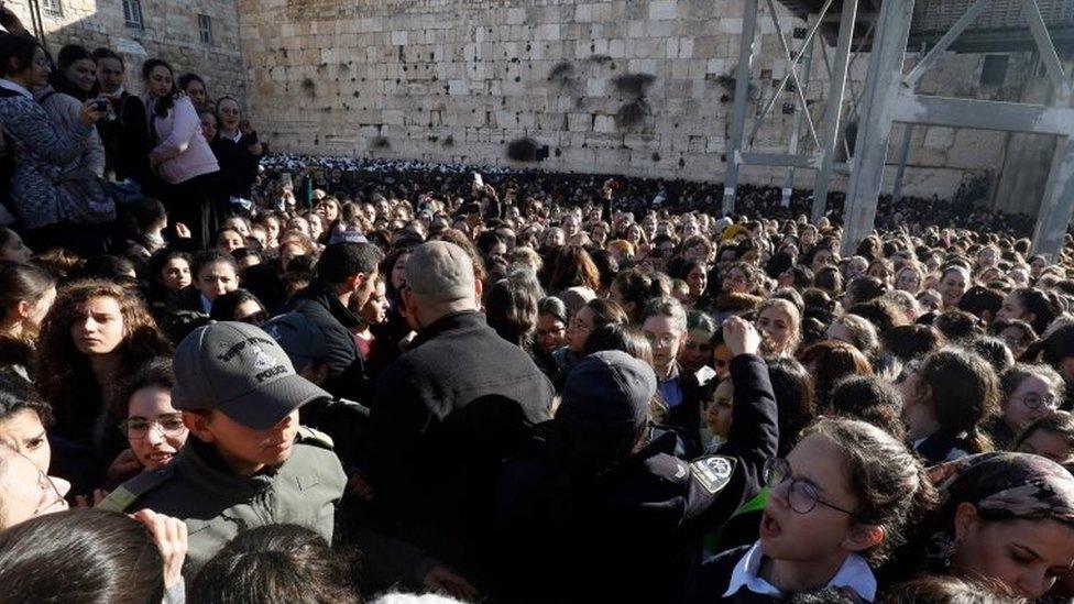 Thousands of Ultra Orthodox Jewish girls gather at Judaism"s holiest prayer site of the Western Wall in the Old City of Jerusalem on 8 March 2019