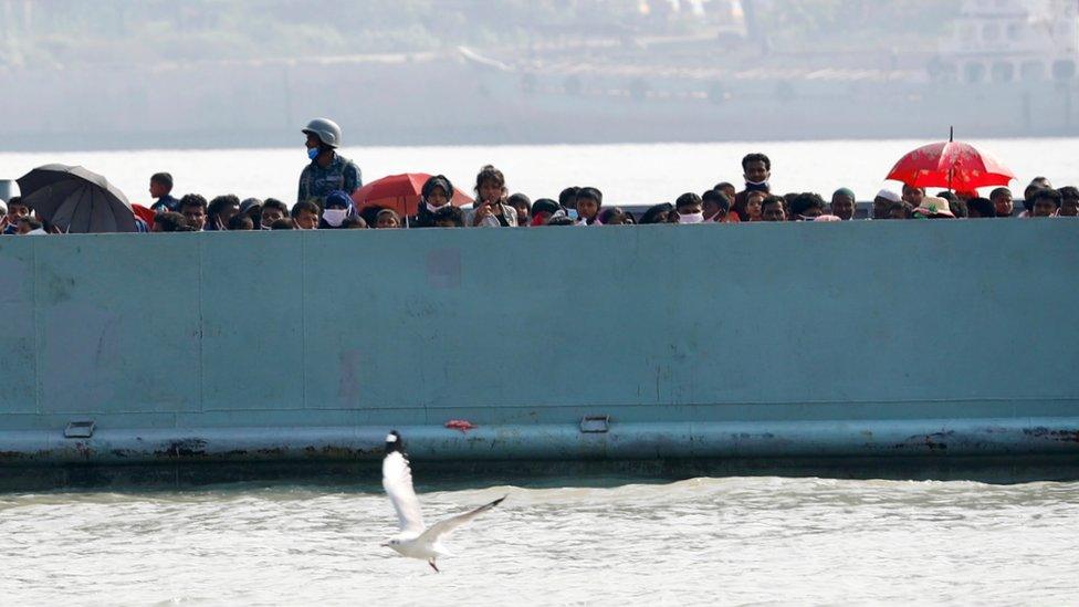 A navy ship carries Rohingya to Bhasan Char island in Chattogram, Bangladesh, December 4, 2020.