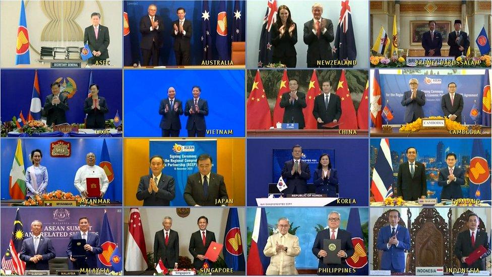 A handout image of a video conference made available by the Vietnam News Agency (VNA) shows leaders and trade ministers of 15 Asia-Pacific nations posing for a virtual group photo during the 4th Regional Comprehensive Economic Partnership (RCEP) Summit in Hanoi, Vietnam, 15 November 2020.