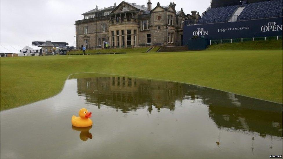 Rubber duck sits on a big puddle at St Andrews