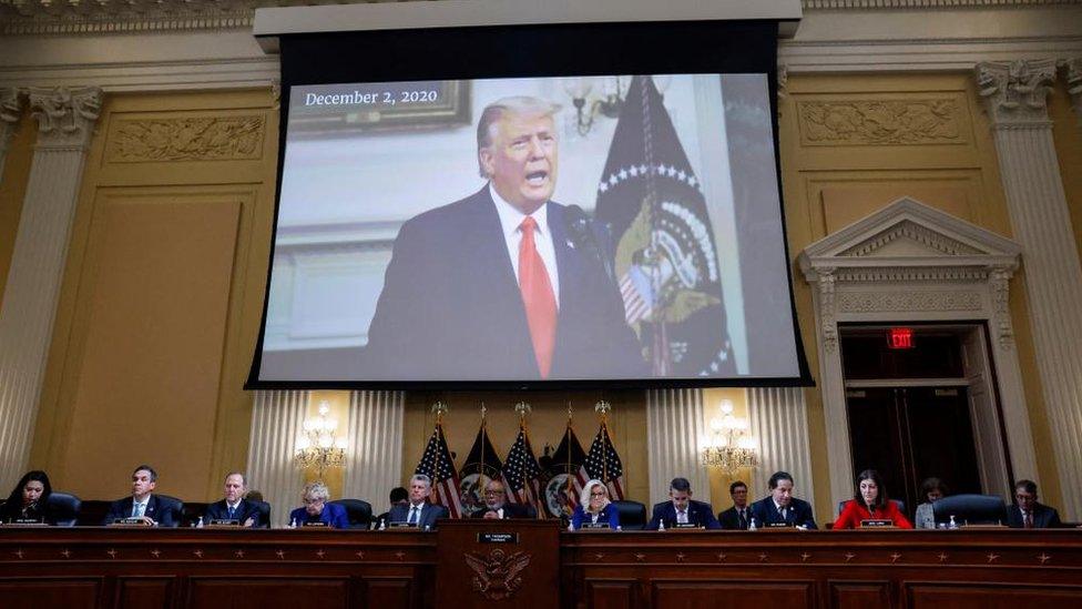 The committee under a photo of Mr Trump