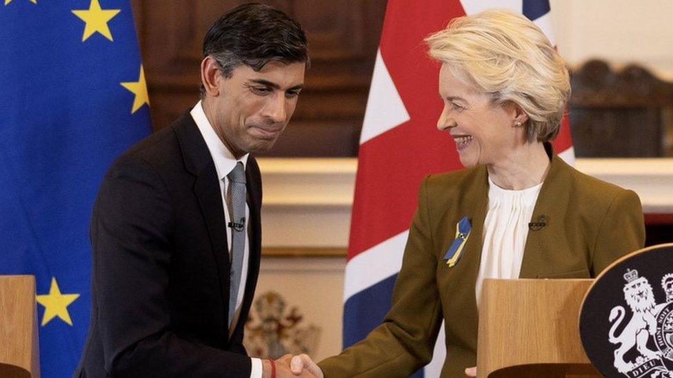 Rishi Sunak and Ursula von der Leyen shake hands