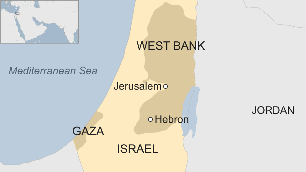 Map of Israel and West Bank showing location of Hebron