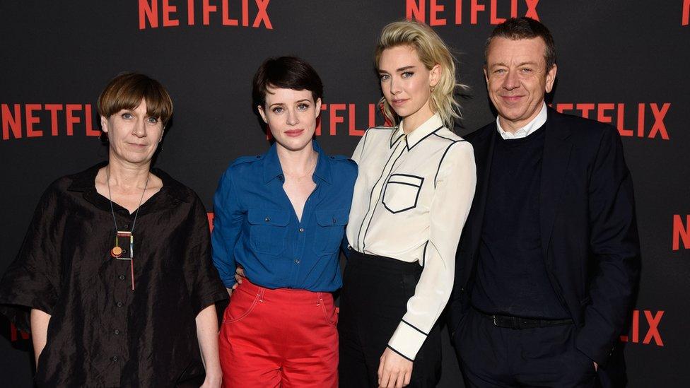 Costume designer Jane Petrie, actors Claire Foy and Vanessa Kirby and executive producer Peter Morgan