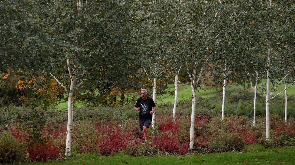 Man running past trees