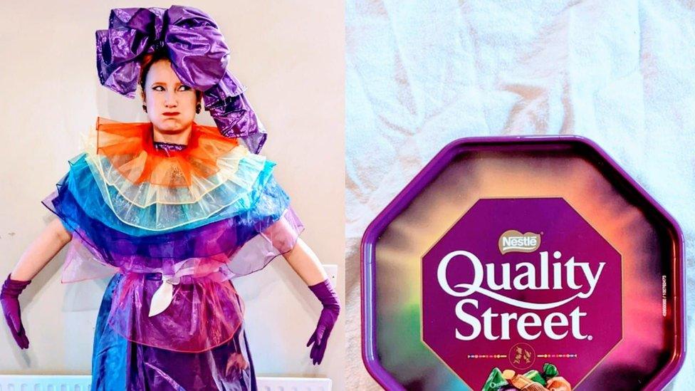 Taryn de Vere dressed as a Quality Street chocolate box