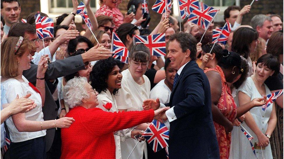 Tony Blair greets crowds outside Downing Street in 1997