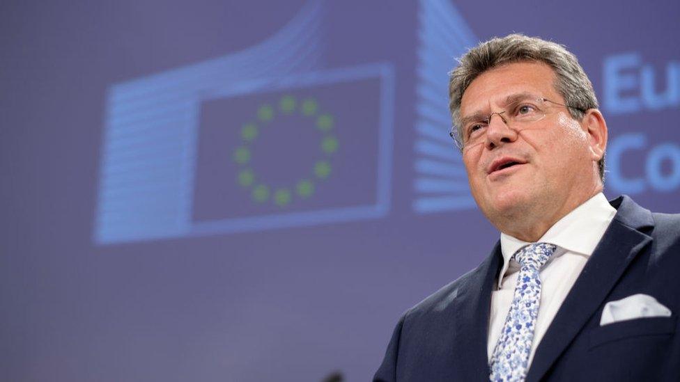 EU Interinstitutional Relations and Foresight Commissioner Maros Sefcovic talks to media on Brexit in the Berlaymont, the EU Commission headquarters on June 30, 2021