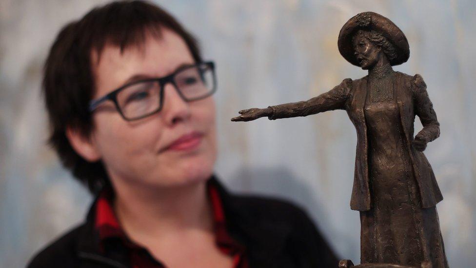 Sculptor Hazel Reeves with a maquette of Our Emmeline, her bronze statue of Emmeline Pankhurst, ahead of its casting at Bronze Age Sculpture Casting Foundry in east London