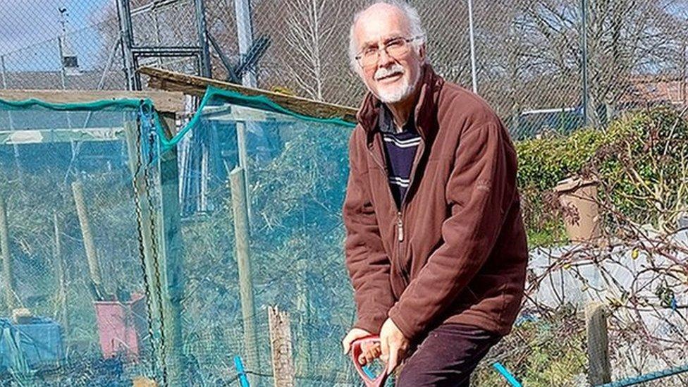 Roger Bridgeman with his garden fork at his plot on the allotments at Kingston Field, Woodbridge