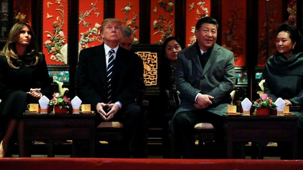 US President Donald Trump, US first lady Melania, China's President Xi Jinping and China's First Lady Peng Liyuan watch an opera performance in Beijing