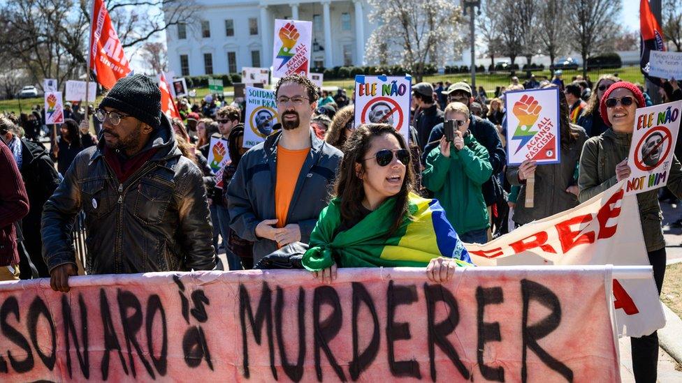 Activists protest against the visit of President Bolsonaro last Sunday outside the White House