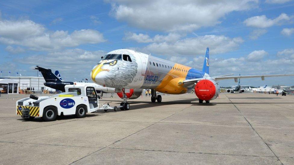 An Embraer E 195 E2 moves on the tarmac on June 16, 2017 in le Bourget near Paris prior to the opening of the International Paris Air Show on June 19