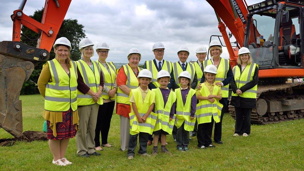 Pupils from Trimsaran School with contractors Dawnus Construction