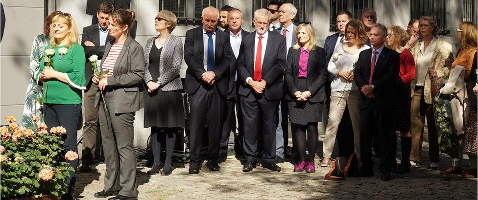 UK Labour leader Jeremy Corbyn (C) at the inauguration ceremony in Brussels