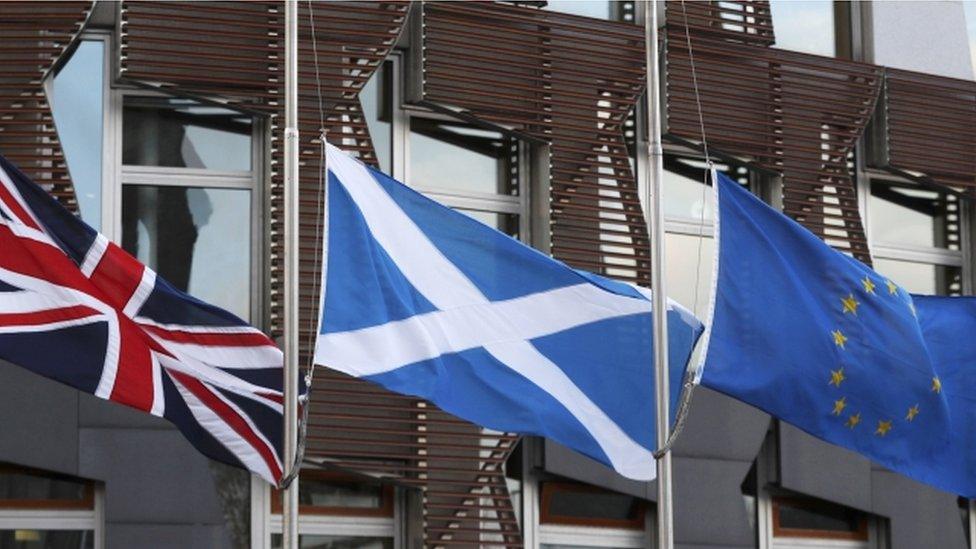 Union flag, saltire and EU flag