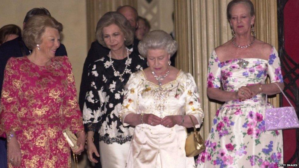 Queen Beatrix of the Netherlands, Queen Sofia of Spain, and Queen Margrethe II of Denmark celebrate Queen Elizabeth's Golden Jubilee in 2002