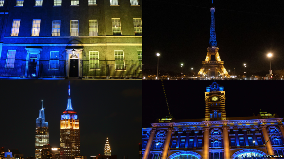 ukraine flag on monuments across the world