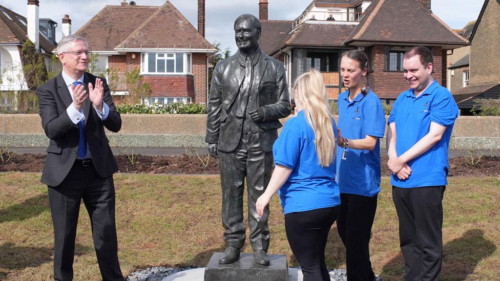 Statue of Sir David Amess on Chalkwell seafront, Southend, after unveiling