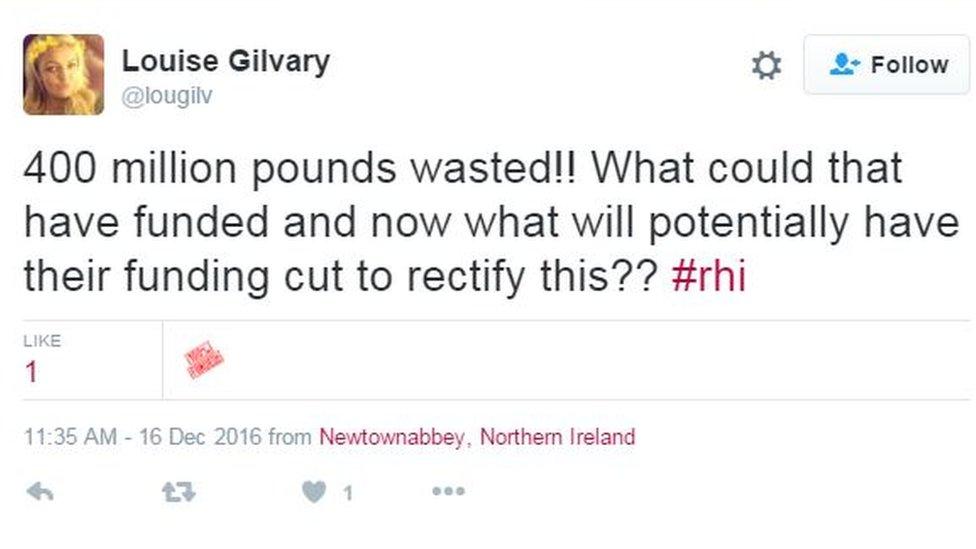 Tweet from Louise Gilvary: 400 million pounds wasted!! What could that have funded and now what will potentially have their funding cut to rectify this?? #rhi