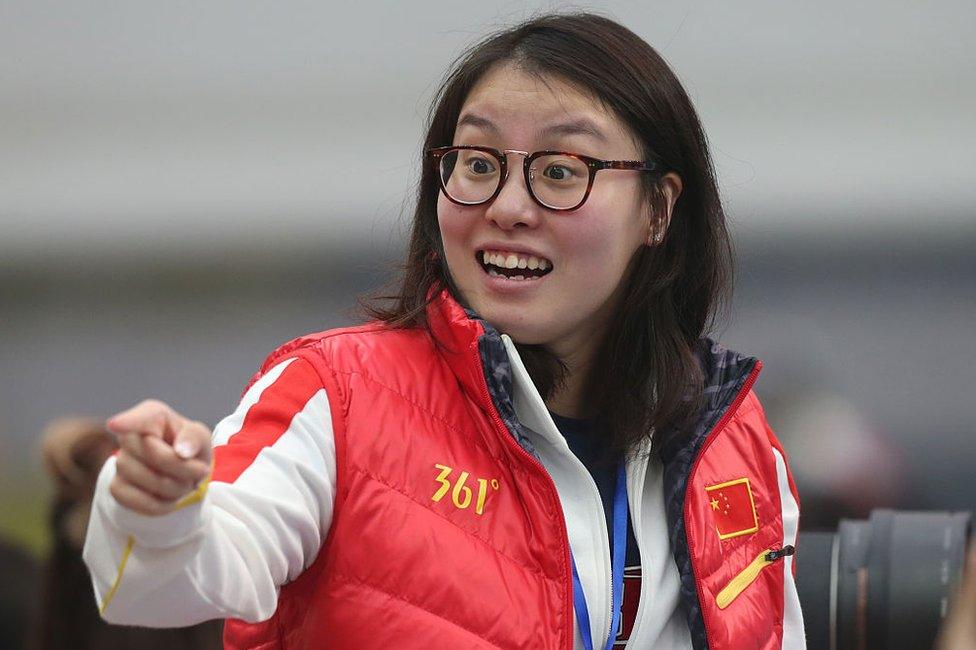 Fu Yuanhui of China reacts before her match of Women's 100m Individual Medley on day two of the FINA swimming world cup 2016 at Water Cube on 1 October 2016 in Beijing, China. (